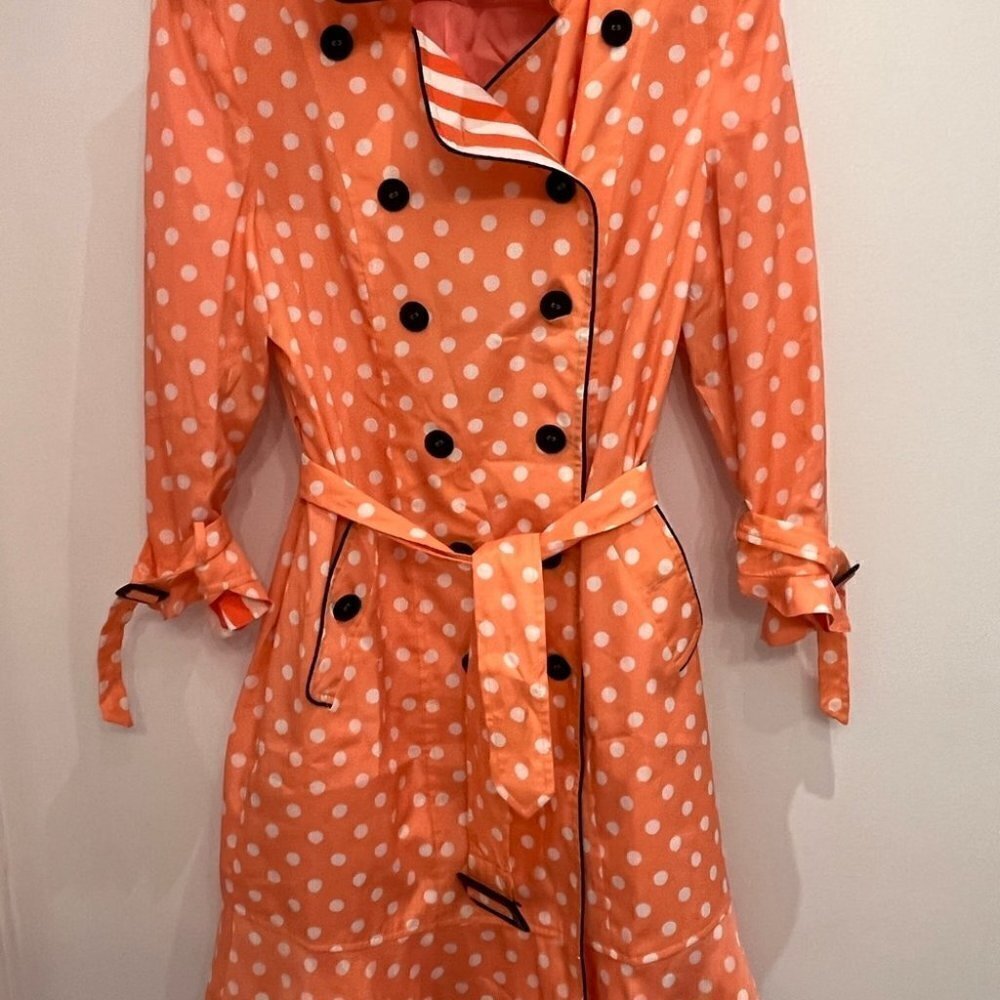 Bcbg coral polkat dot trench jacket 100% silk size 6